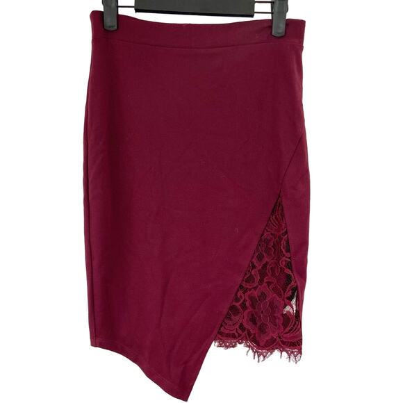 Windsor M Maroon Peek A Boo Lace Asymmetrical High Rise Pencil Midi Skirt - Picture 2 of 6